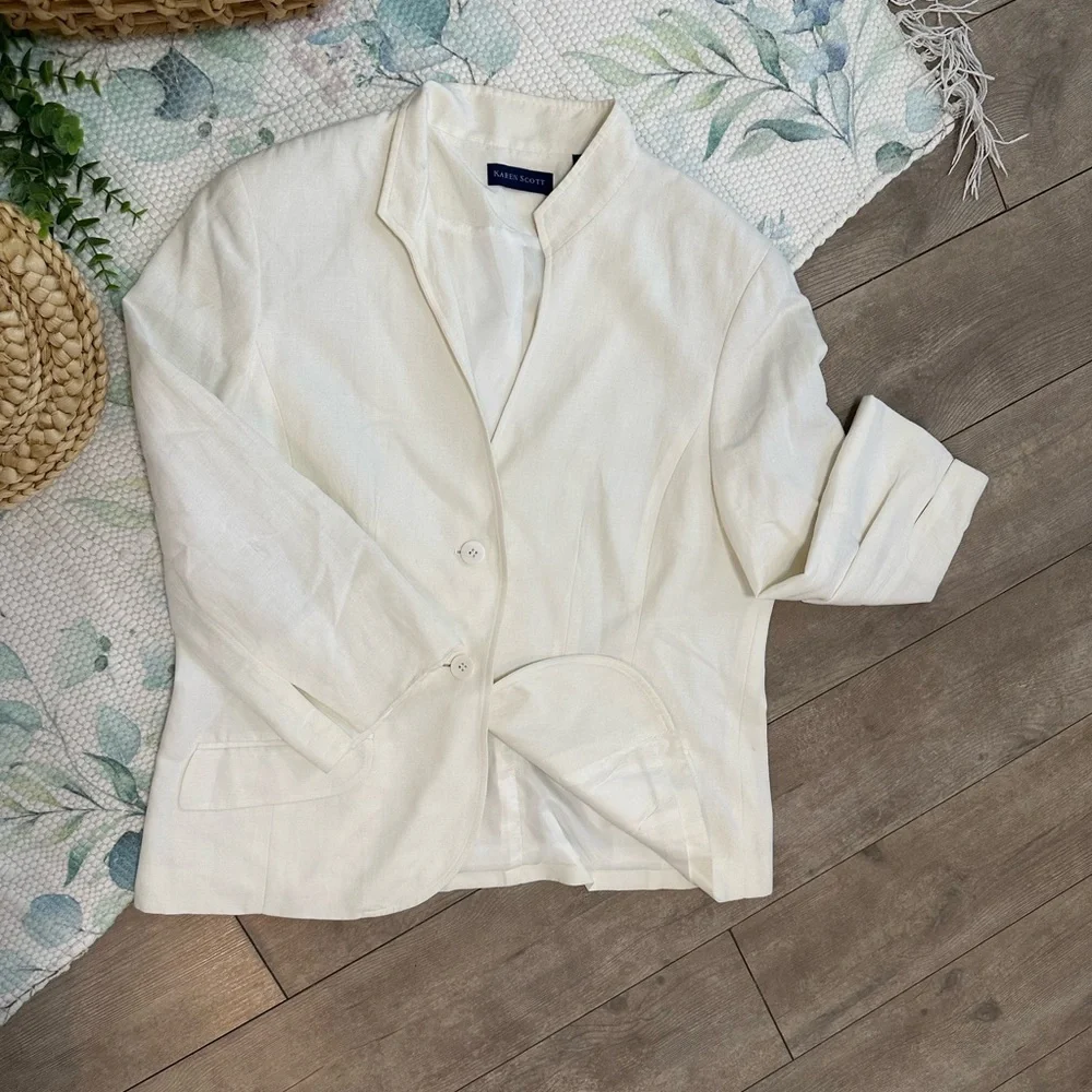 Karen Scott Women’s Cream Blazer Linen Rayon Shoulder Pads Minimalist Size 12